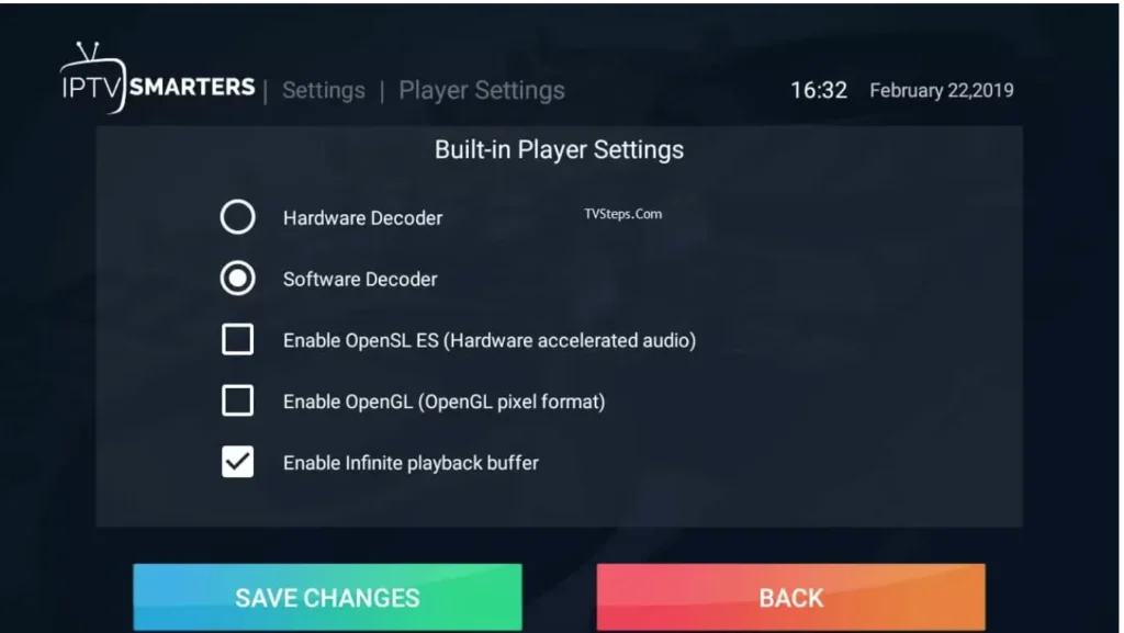 Capture d’écran des réglages du lecteur IPTV Smarters Pro avec options de décodage matériel, logiciel et paramètres de lecture