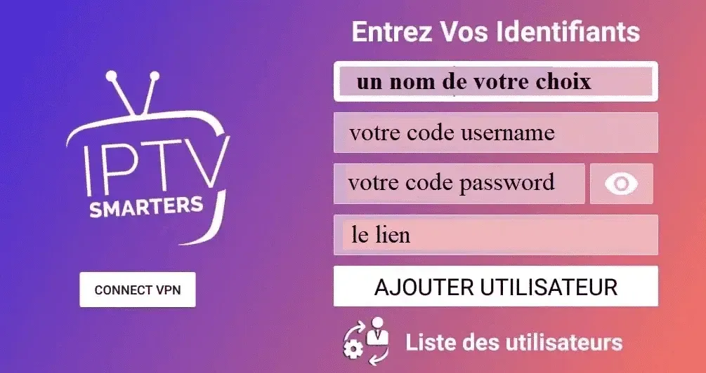 Entrer identifiants pour créer un nouveau compte IPTV Smarters Pro