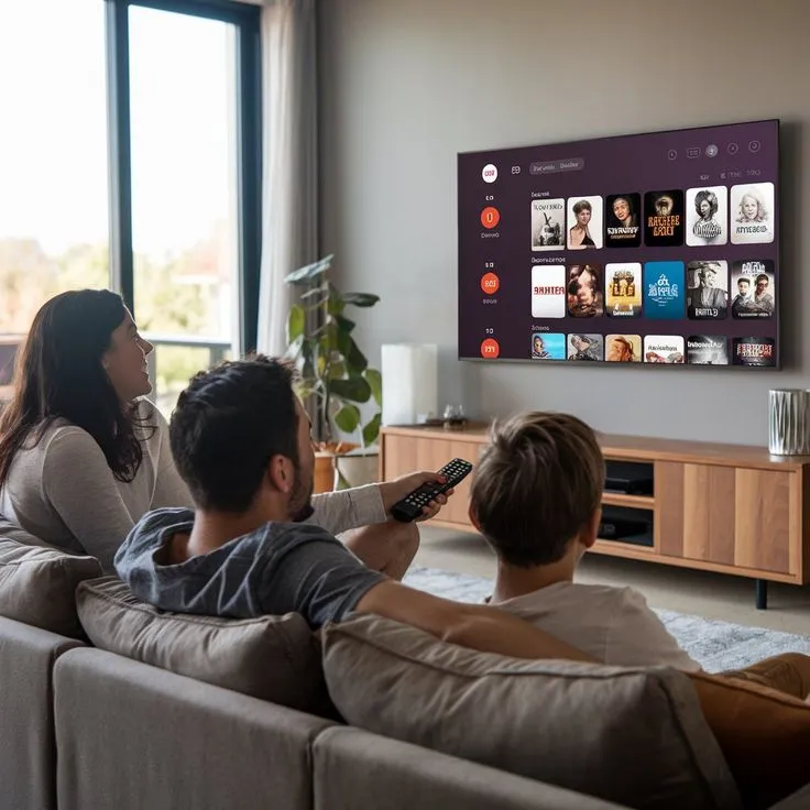 Famille regardant des films et séries avec IPTV Smarters Pro sur grand écran dans un salon moderne