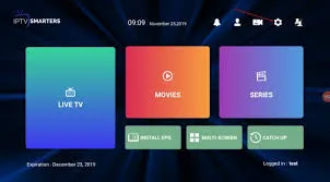 Interface IPTV Smarters Pro avec options Live TV, Movies et Series sur écran
