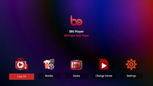 Interface principale d’IBO Player affichant Live TV, Movies, Series et paramètres.