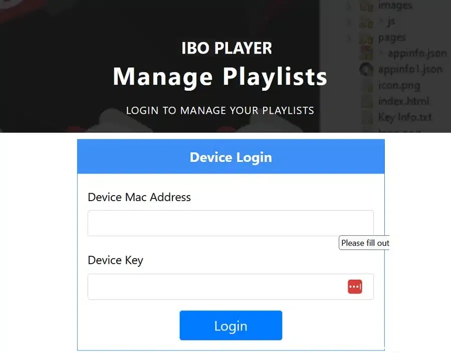 Page de connexion IBO Player demandant l’adresse MAC et la clé du périphérique.