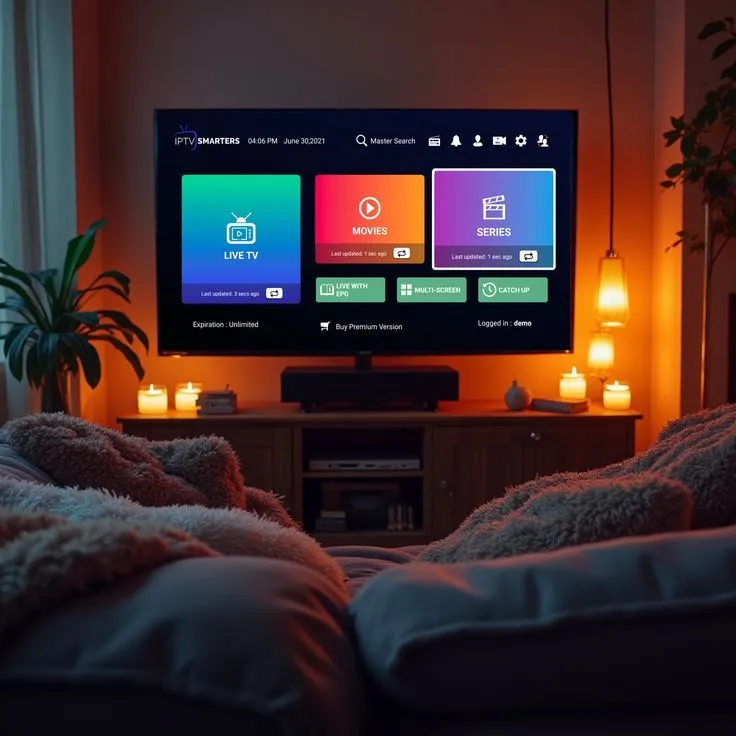 Tutoriel d’installation IPTV Quebec – Écran de configuration IPTV Smarters Pro affichant Live TV, Movies et Series dans un salon chaleureux.
