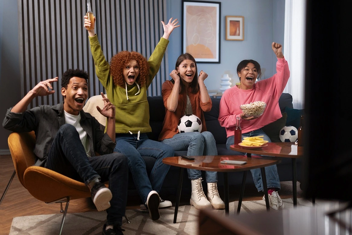 Happy friends in Canada streaming sports with a premium iptv provider​ on their big screen TV.