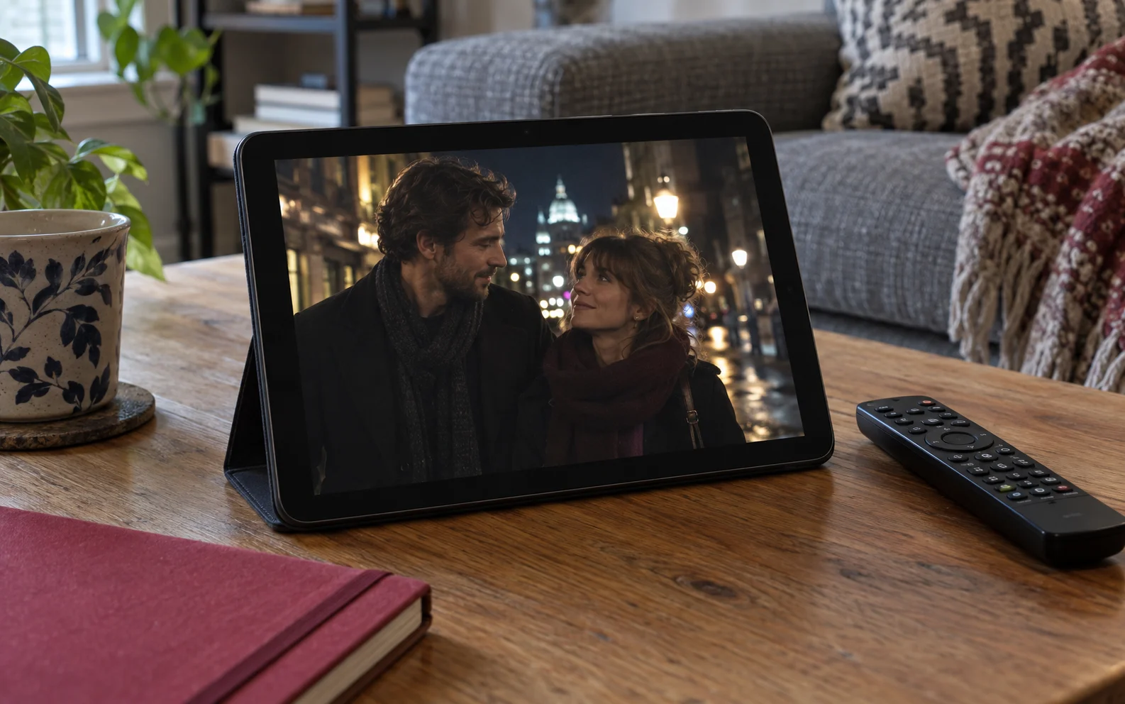 Scène de film sur une tablette posée à côté d’une télécommande