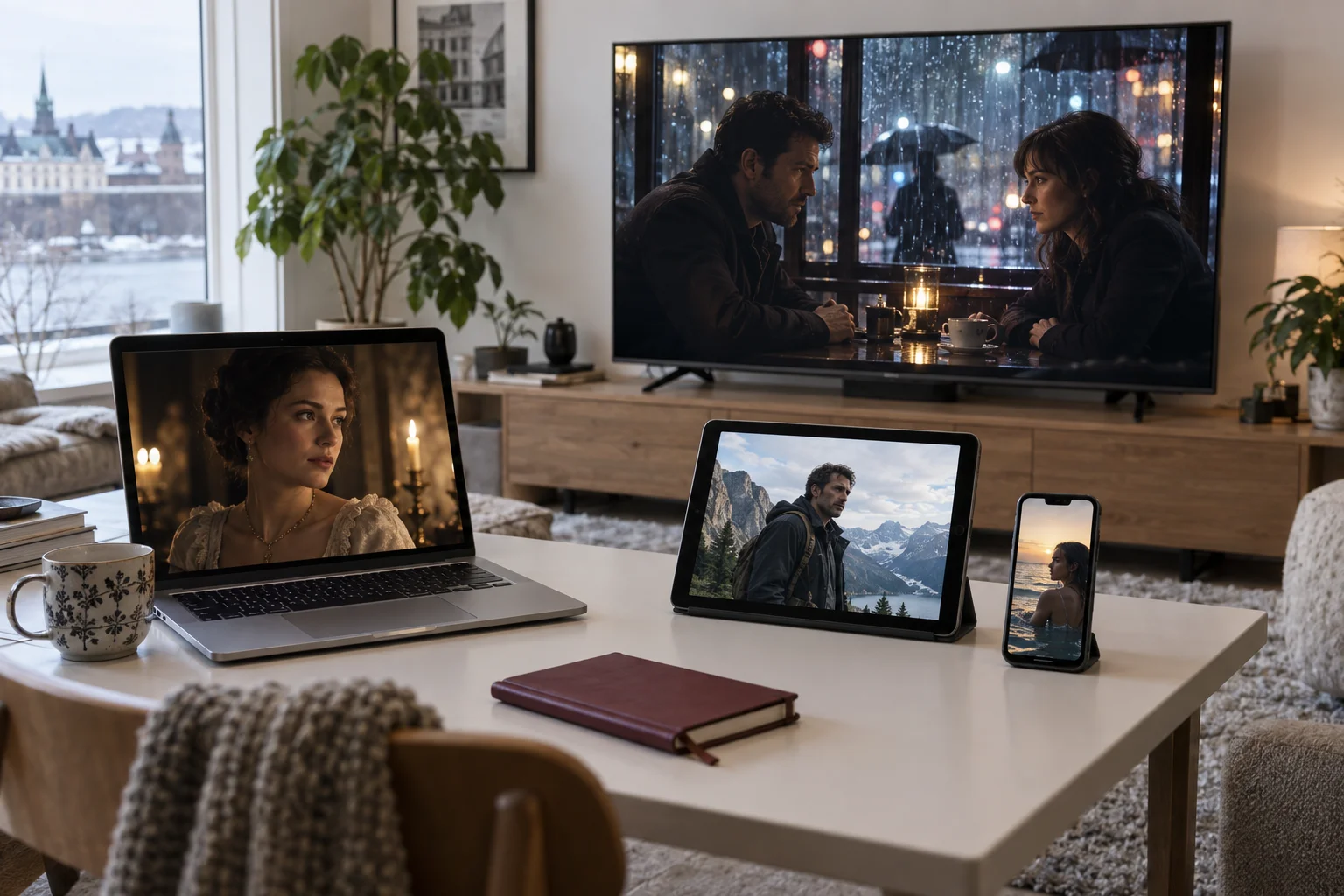 Scènes de films sur un téléviseur, un ordinateur, une tablette et un téléphone