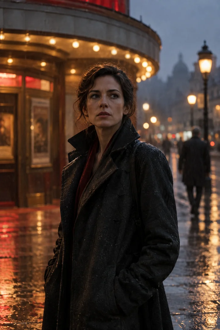 Scène cinématographique originale dans une rue éclairée sous la pluie