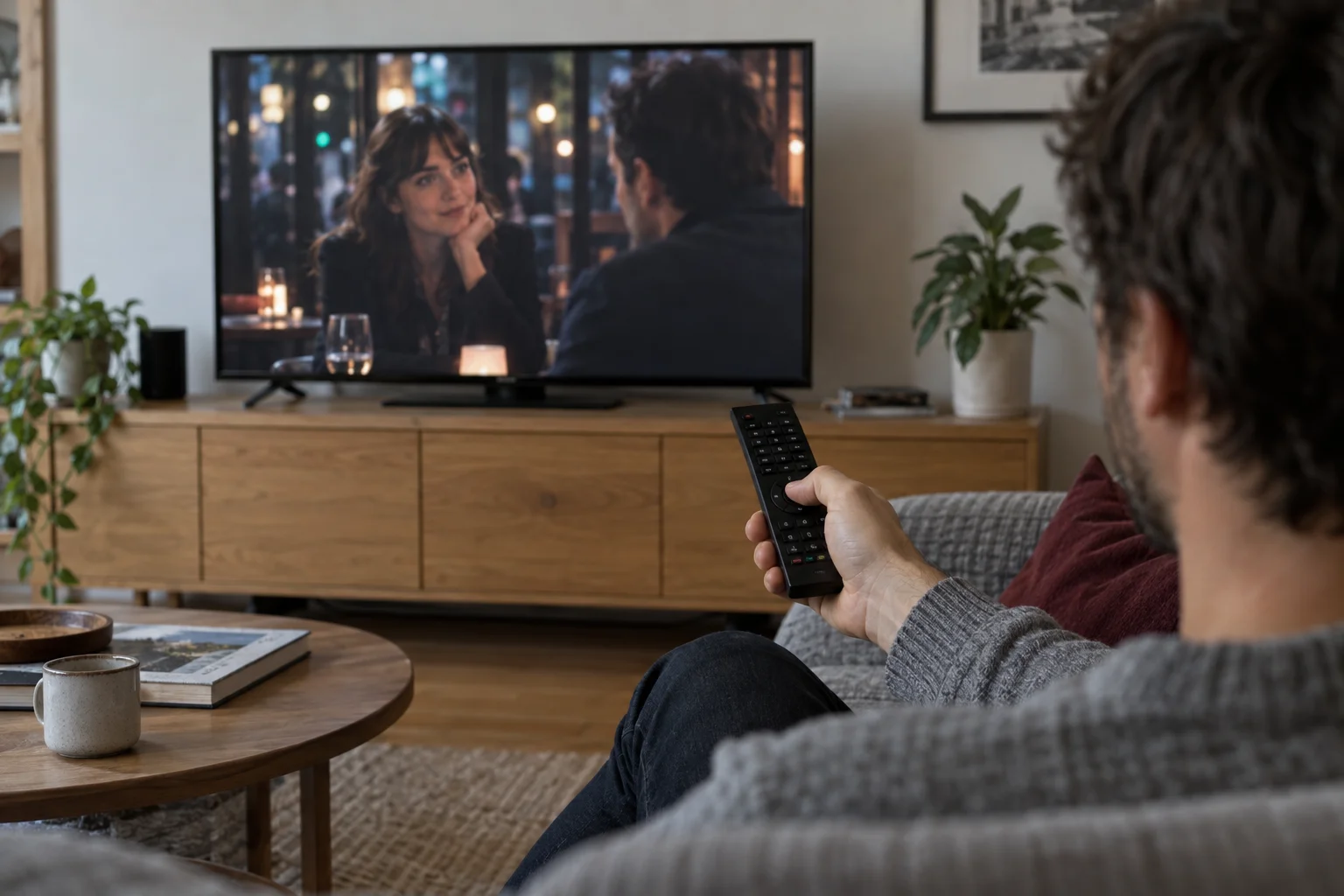 Personne utilisant une télécommande pour regarder un film à la télévision