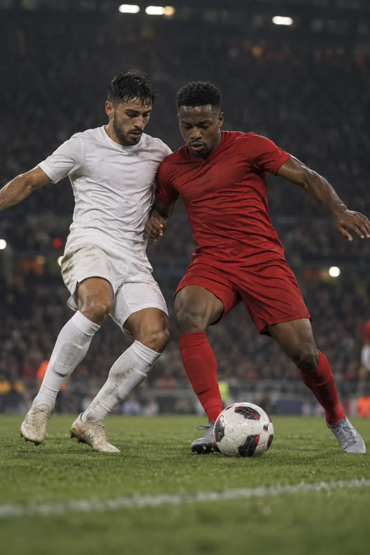 Deux joueurs de football disputant le ballon sur un terrain